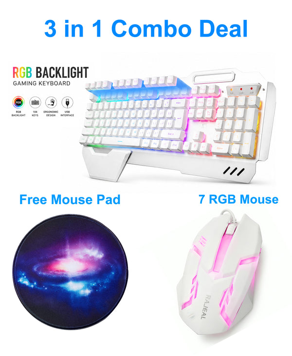 3 in 1 Combo Deal - E80 Metalic Wawe Lighting Dual Function RGB Keyboard - Bajeal Best RGB Mouse - Circle Gaming Mouse Pad